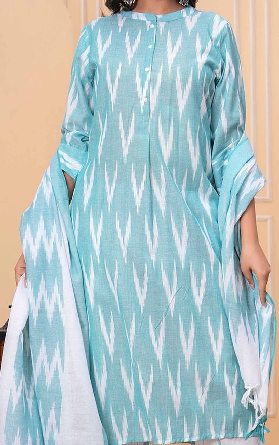 Ikkat Pure Cotton Mandarin Collar Straight Kurta With Trousers & Dupatta
