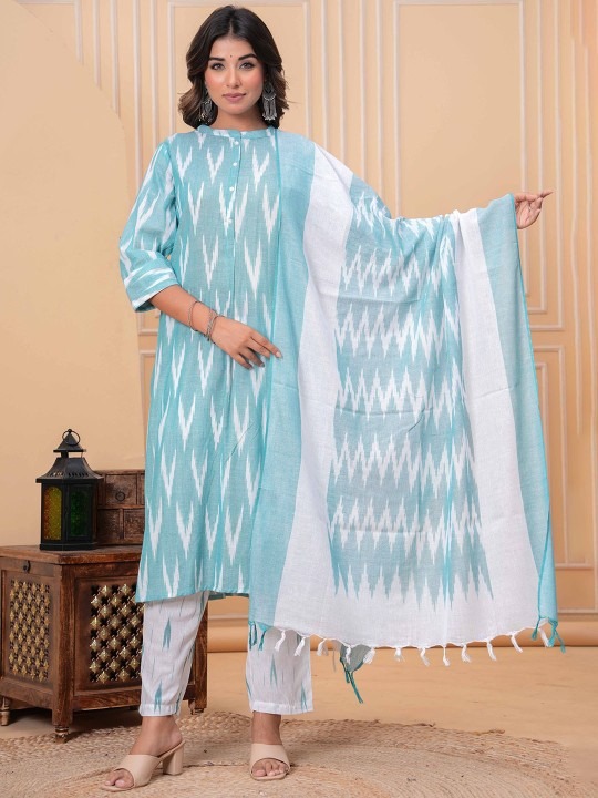 Ikkat Pure Cotton Mandarin Collar Straight Kurta With Trousers & Dupatta