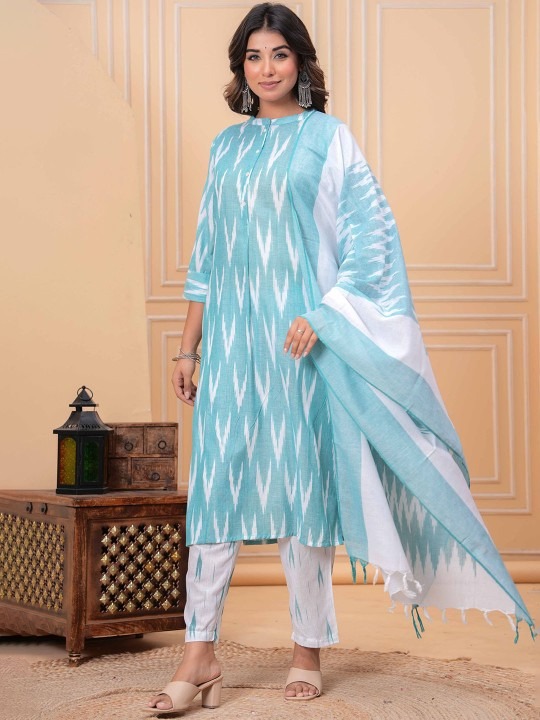 Ikkat Pure Cotton Mandarin Collar Straight Kurta With Trousers & Dupatta