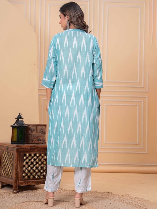 Ikkat Pure Cotton Mandarin Collar Straight Kurta With Trousers & Dupatta Hover