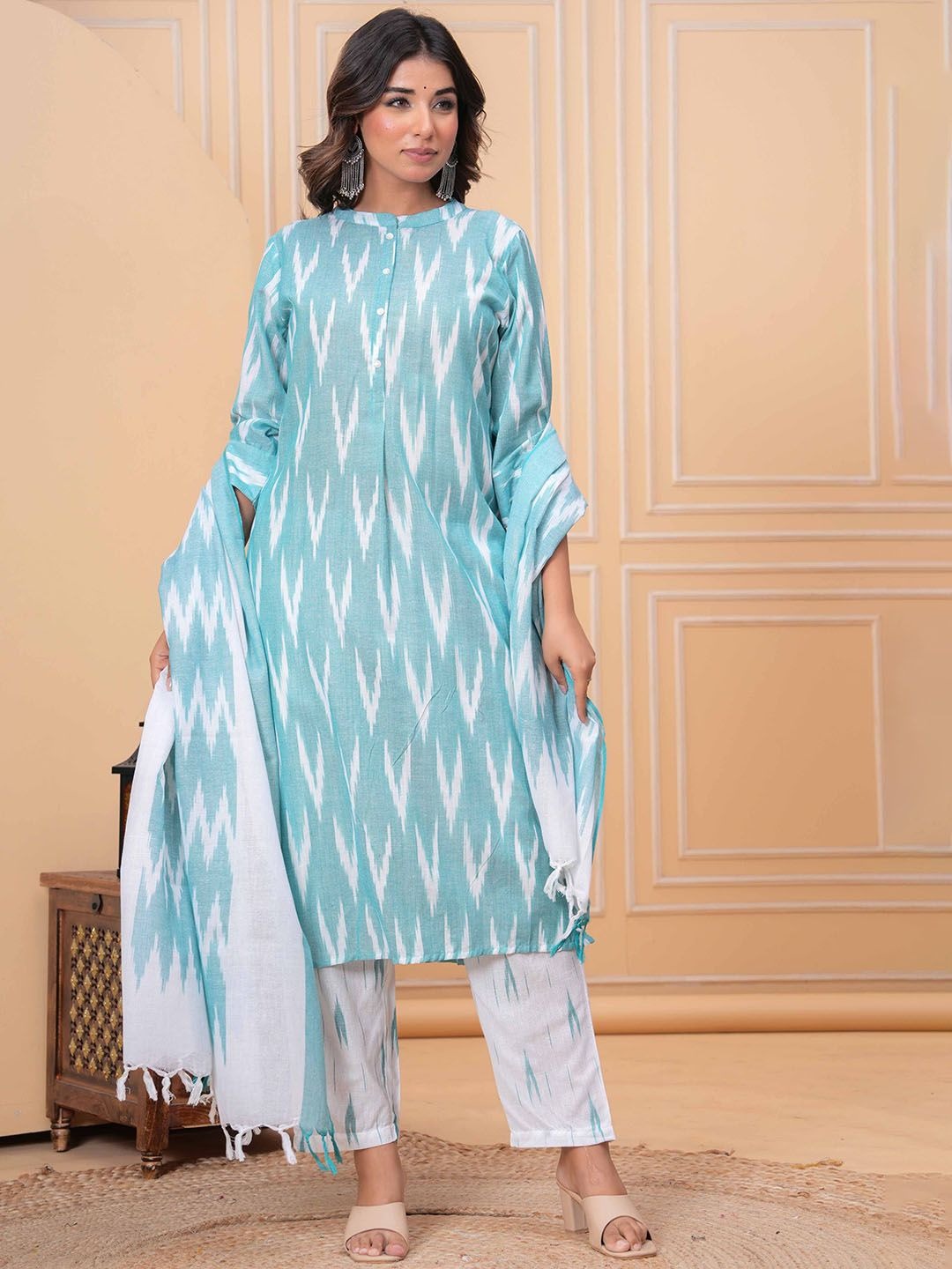 Ikkat Pure Cotton Mandarin Collar Straight Kurta With Trousers & Dupatta