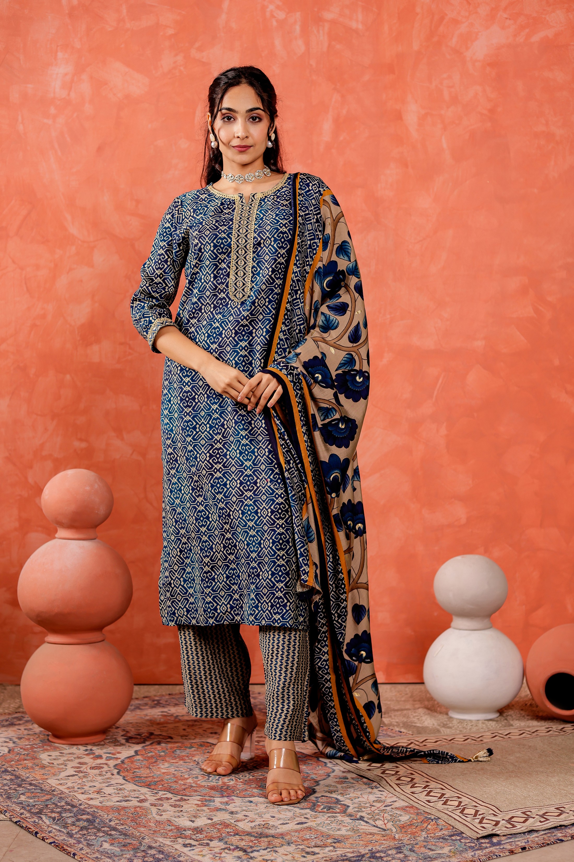 Modal Chanderi Straight Kurta With Trousers And Dupatta Hover