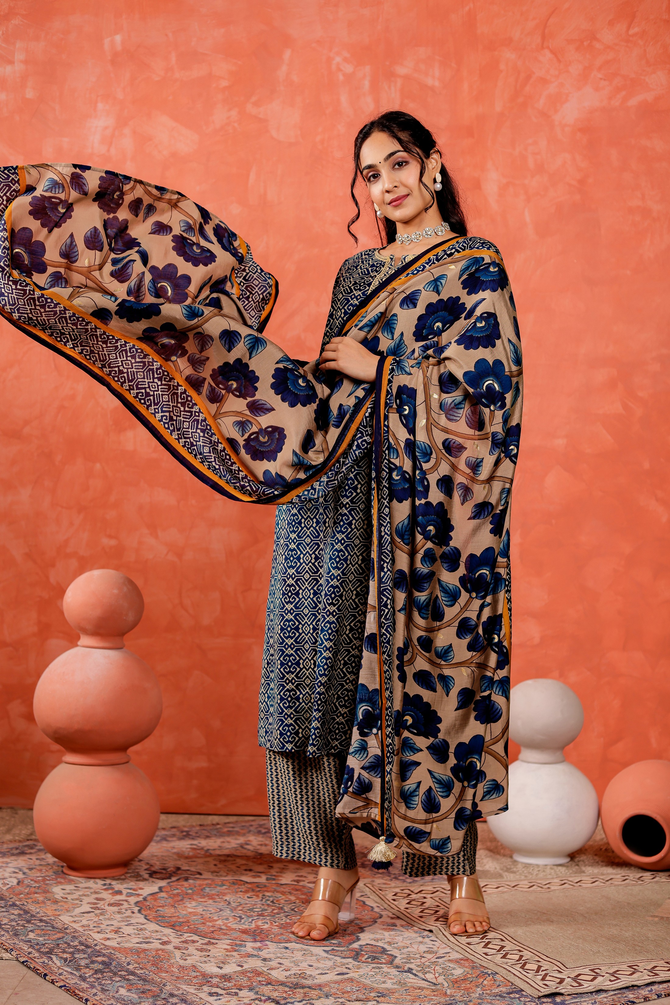 Modal Chanderi Straight Kurta With Trousers And Dupatta