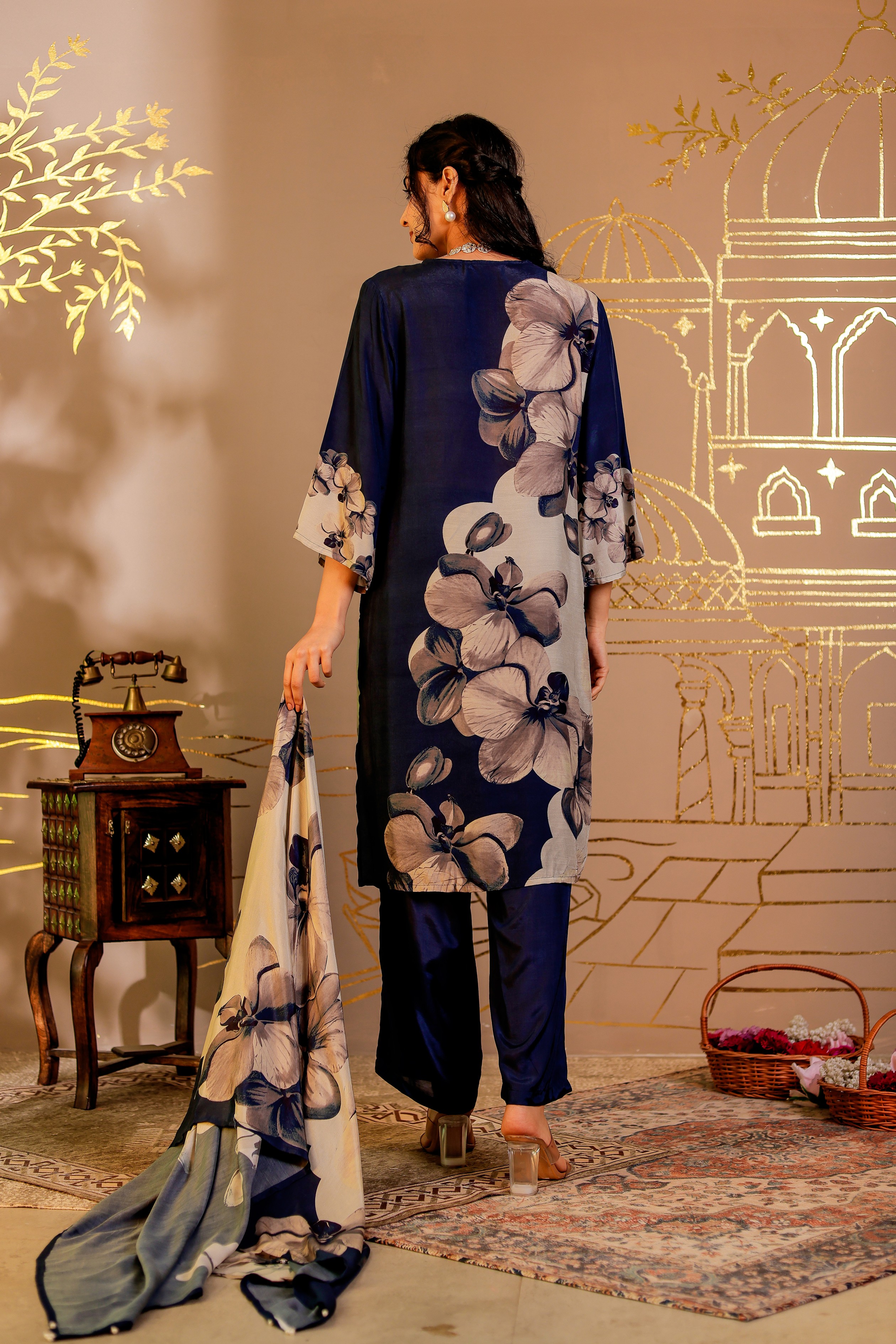 Muslin Floral Printed Adda Work Kurta, Trousers With Dupatta