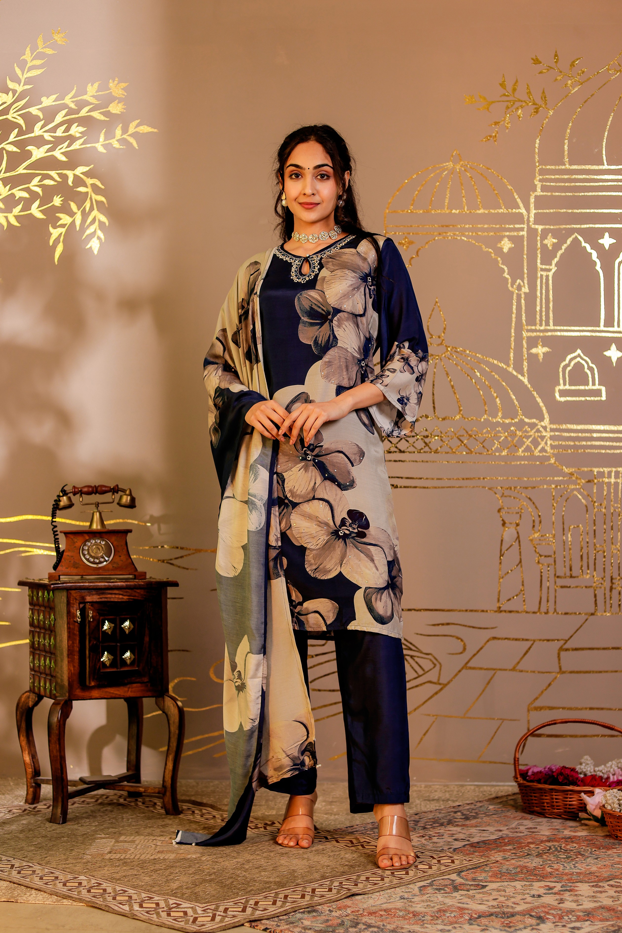 Muslin Floral Printed Adda Work Kurta, Trousers With Dupatta