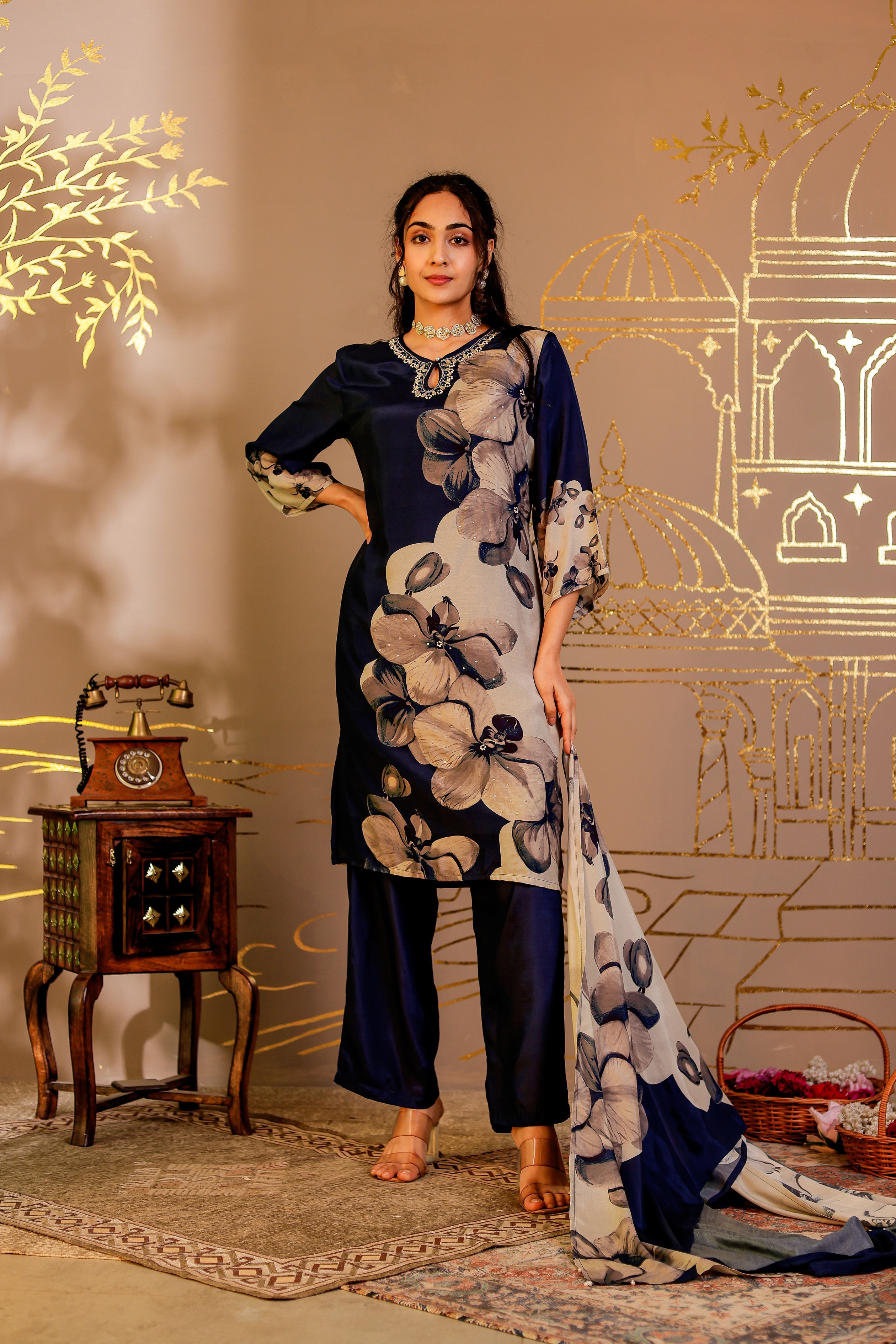Muslin Floral Printed Adda Work Kurta, Trousers With Dupatta