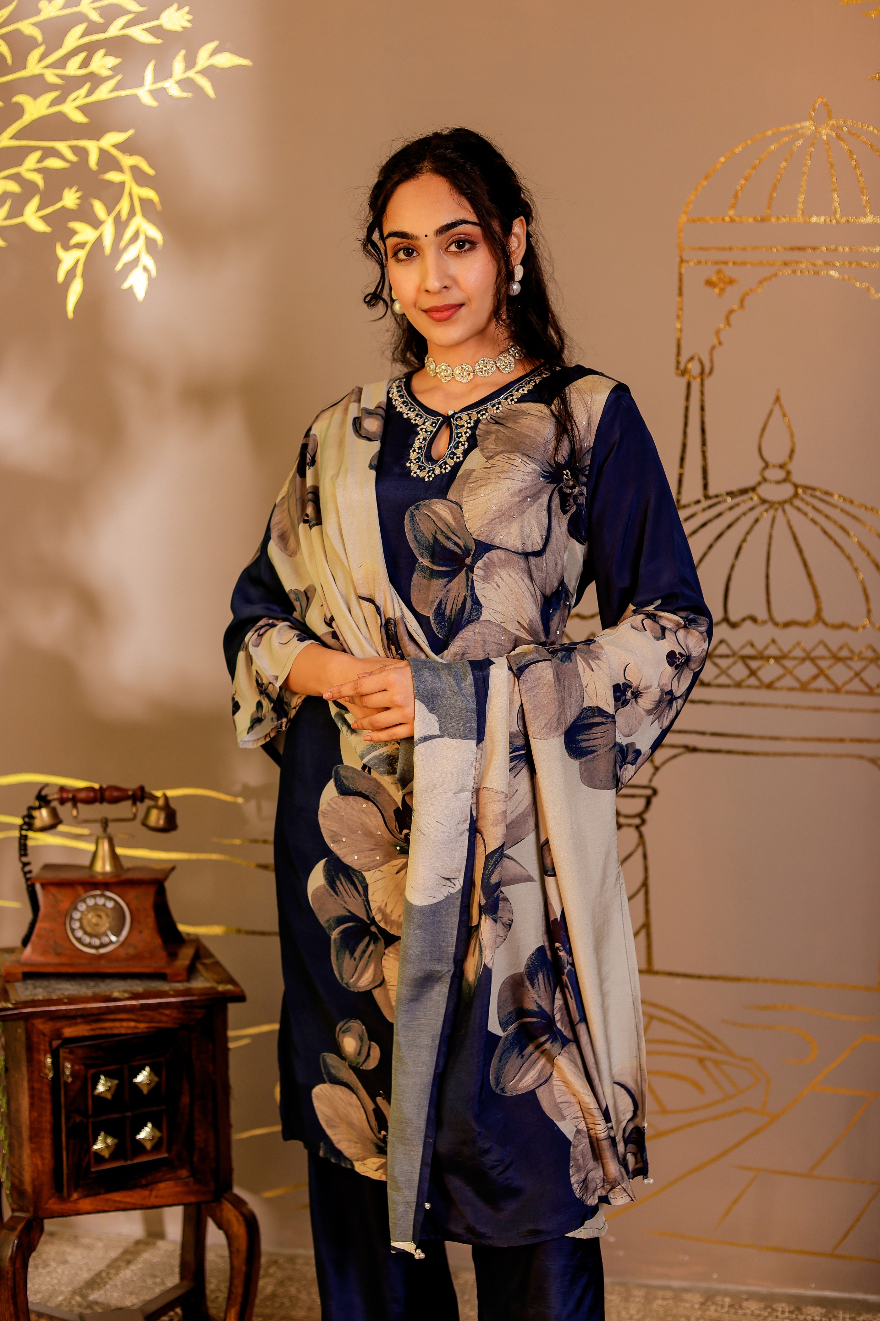 Muslin Floral Printed Adda Work Kurta, Trousers With Dupatta