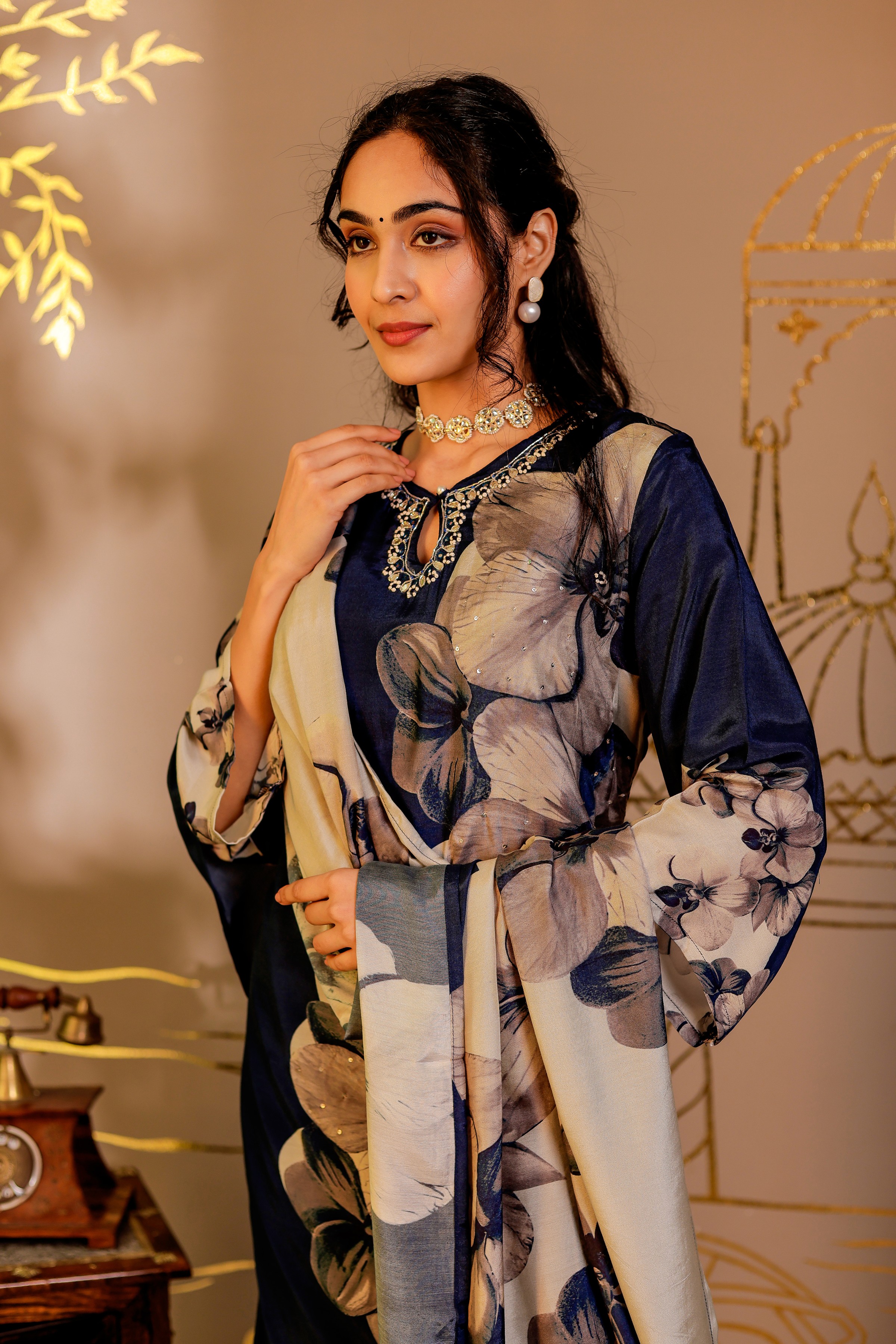 Muslin Floral Printed Adda Work Kurta, Trousers With Dupatta