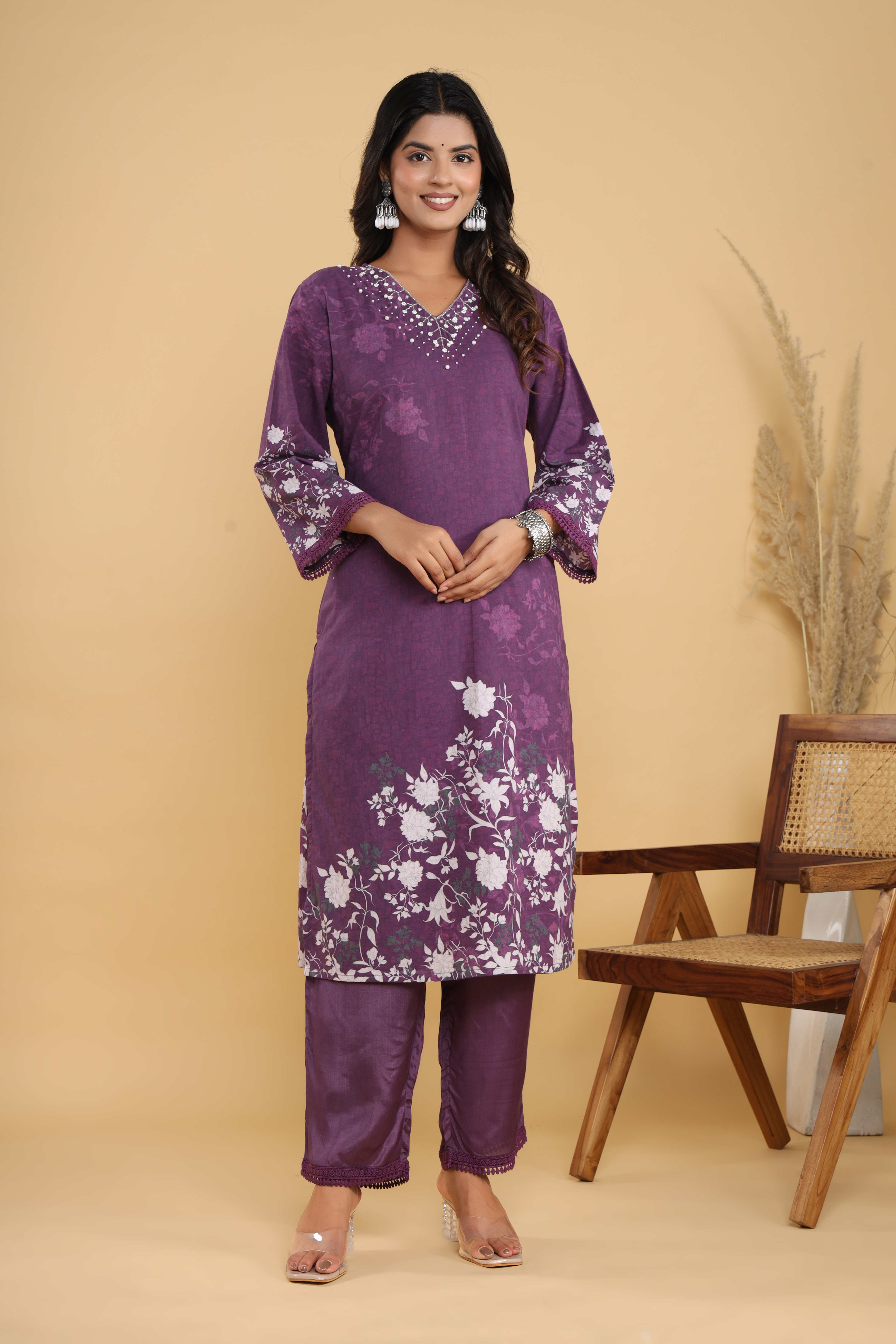 Pure Cotton Floral Printed Adda Work Straight Kurta, Trouser With Dupatta
