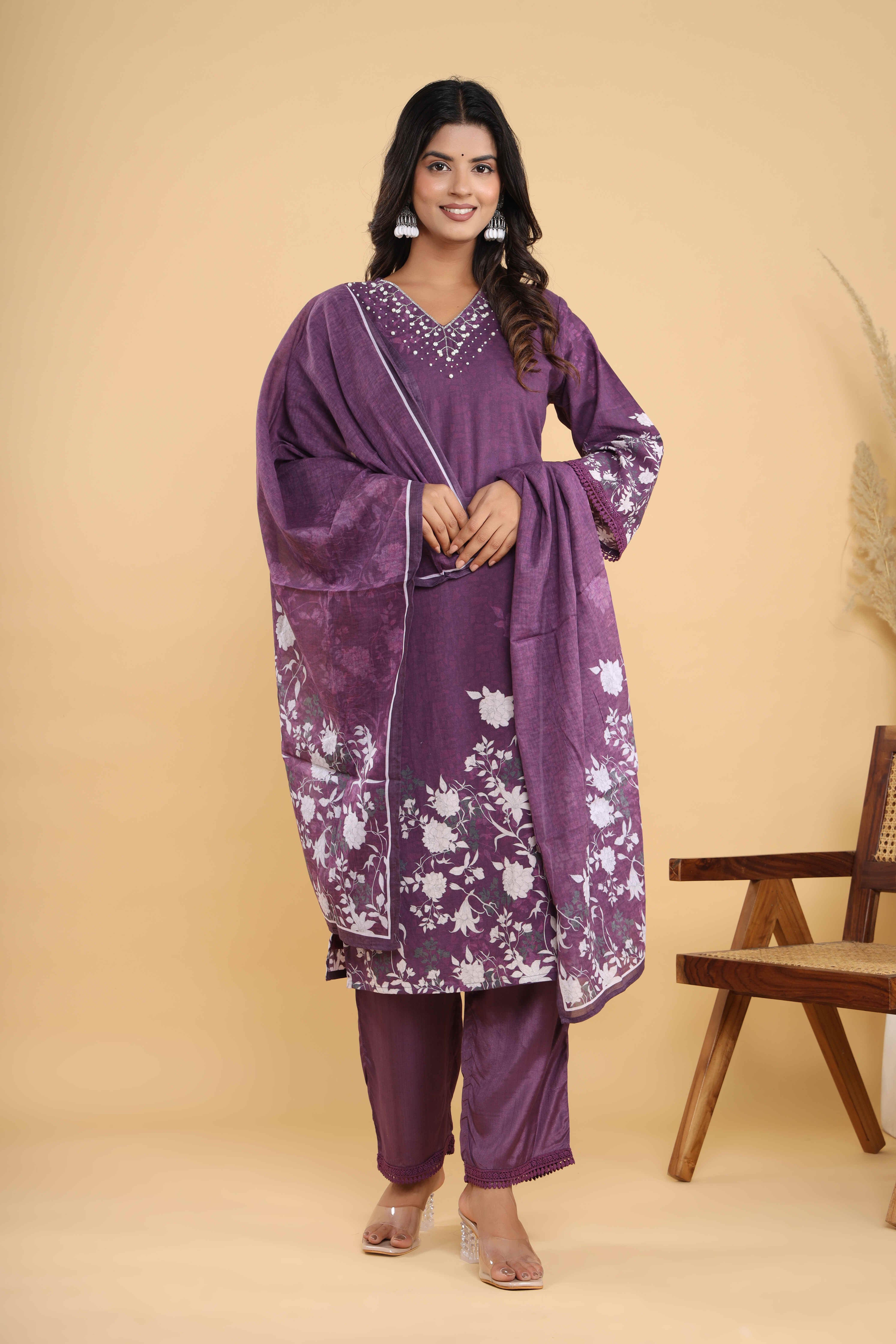 Pure Cotton Floral Printed Adda Work Straight Kurta, Trouser With Dupatta