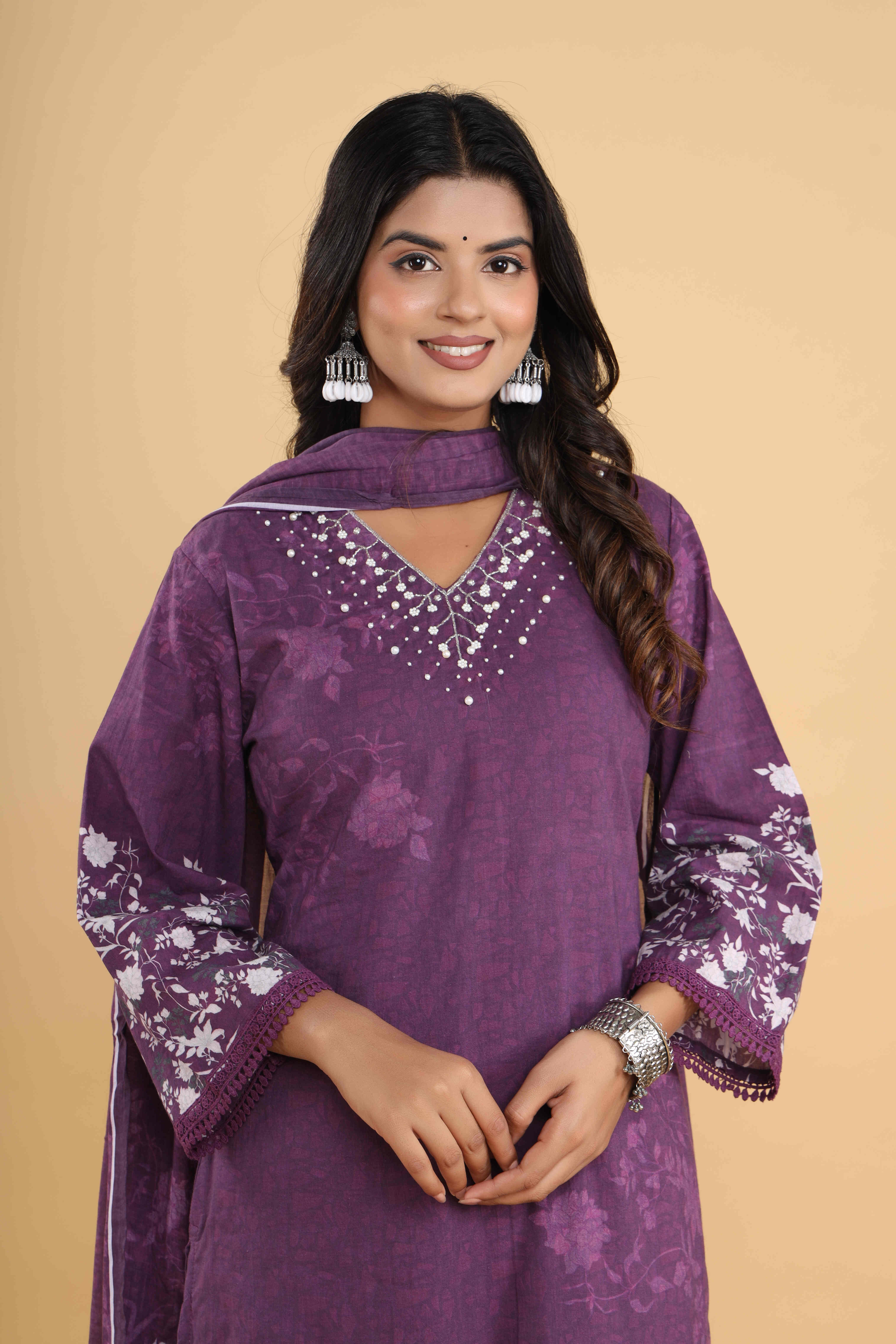 Pure Cotton Floral Printed Adda Work Straight Kurta, Trouser With Dupatta