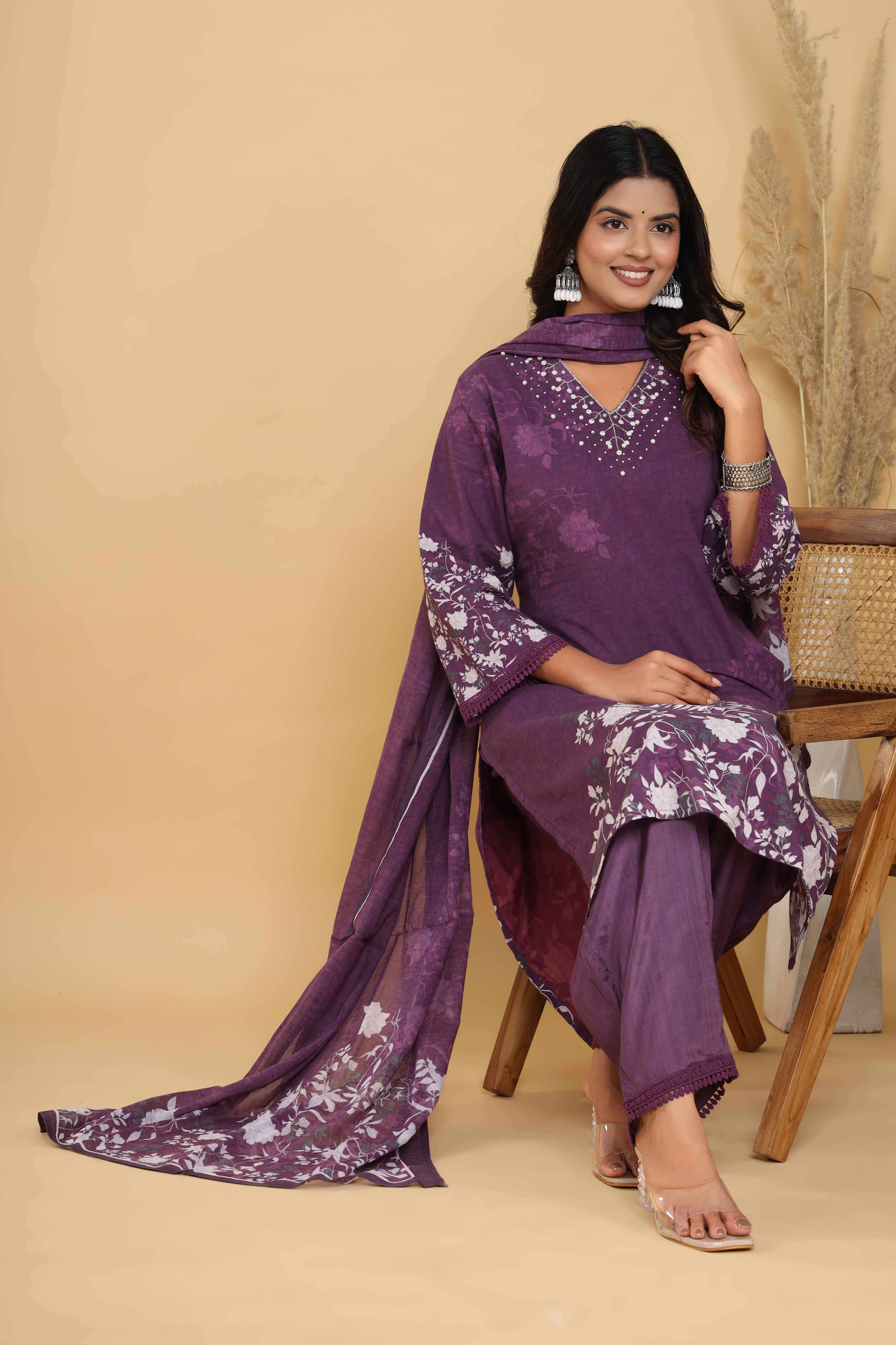 Pure Cotton Floral Printed Adda Work Straight Kurta, Trouser With Dupatta