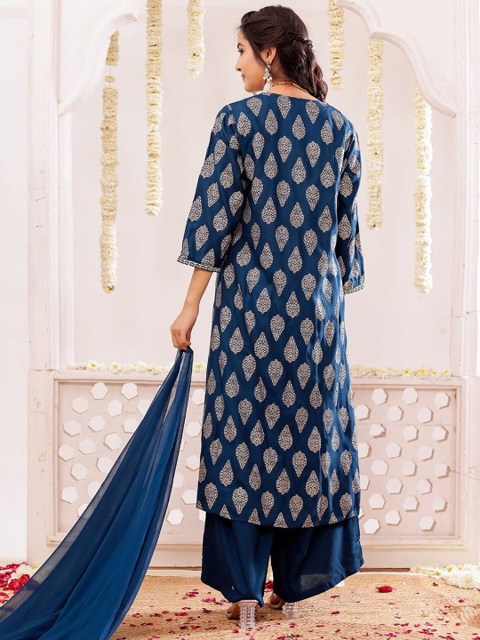 Rayon Slub Embroidered Printed Kurta, Pant With Dupatta Set