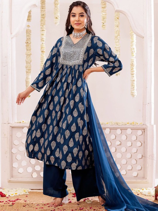 Rayon Slub Embroidered Printed Kurta, Pant With Dupatta Set