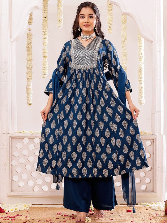 Rayon Slub Embroidered Printed Kurta, Pant With Dupatta Set