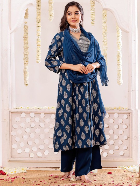 Rayon Slub Embroidered Printed Kurta, Pant With Dupatta Set