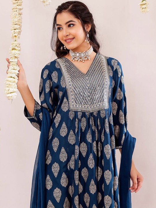 Rayon Slub Embroidered Printed Kurta, Pant With Dupatta Set