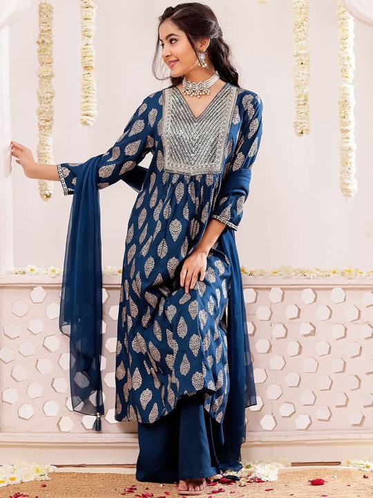 Rayon Slub Embroidered Printed Kurta, Pant With Dupatta Set
