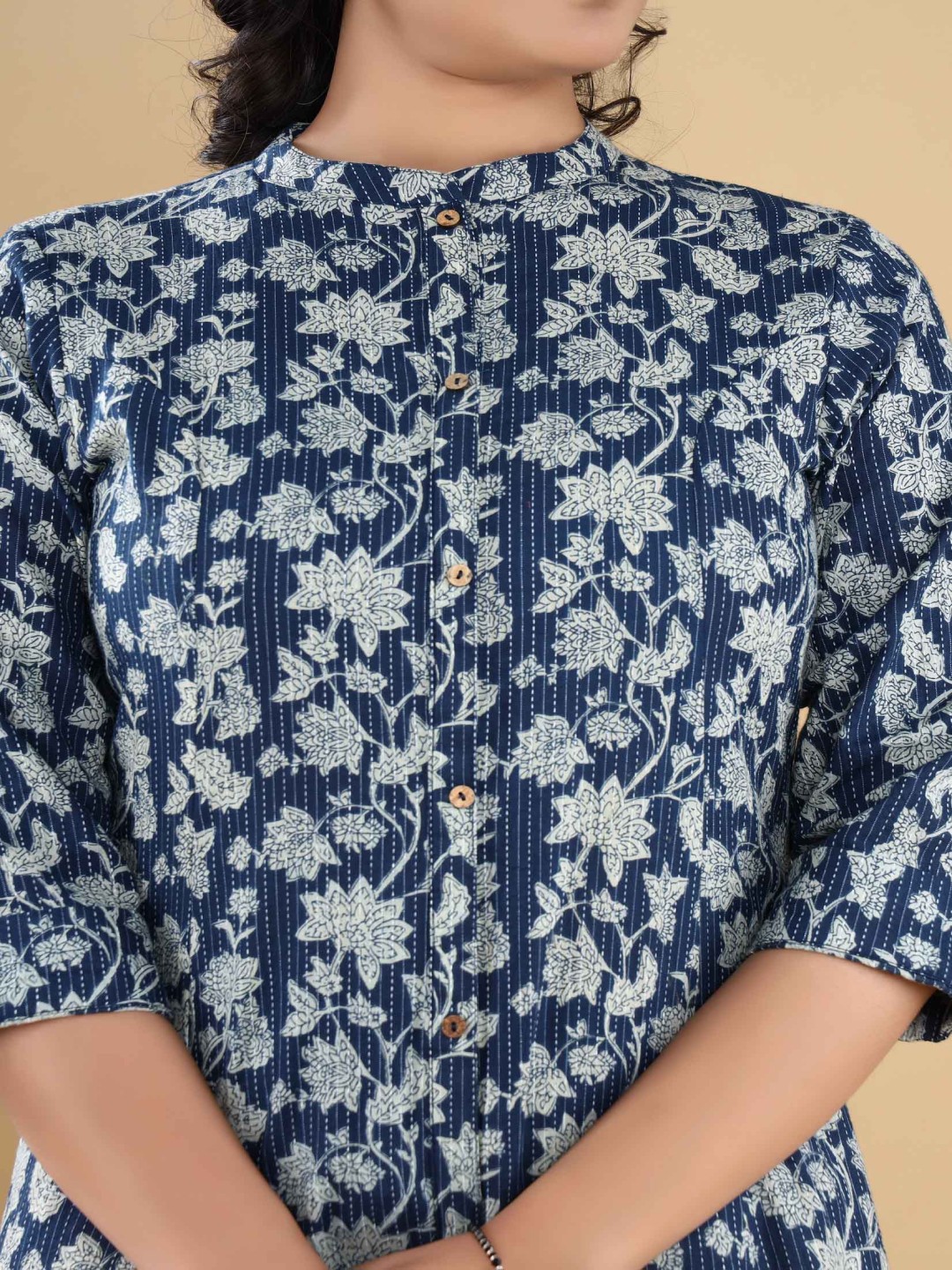 VASVI Floral Printed Mandarin Collar Kantha Work A-Line Kurta