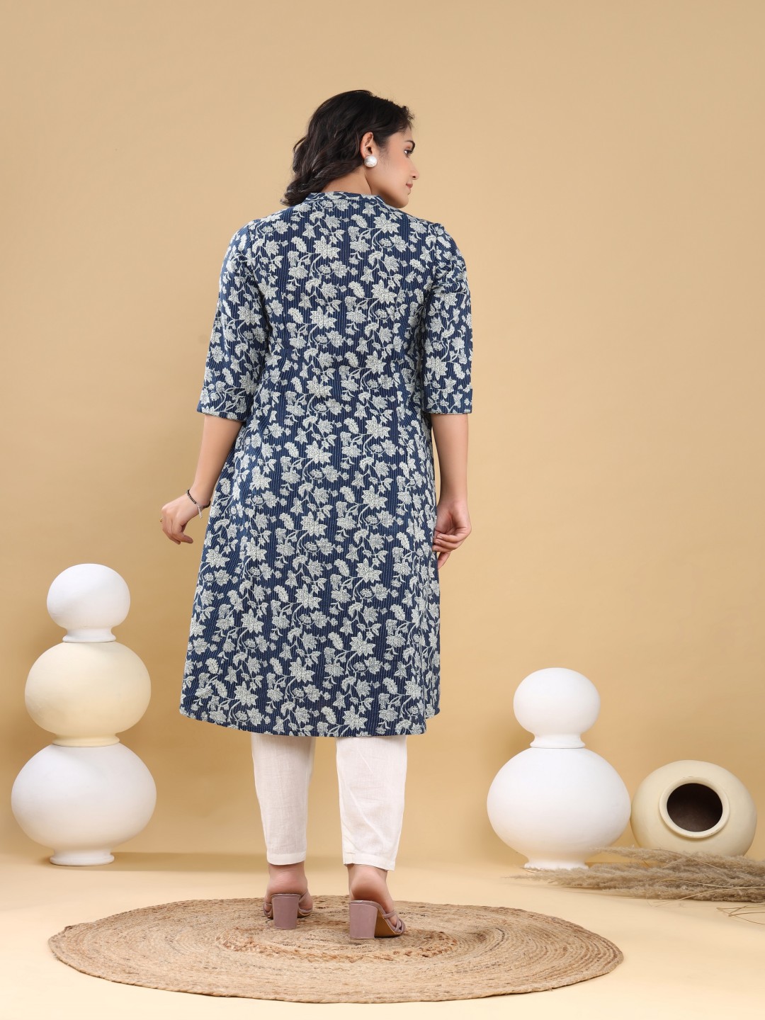 VASVI Floral Printed Mandarin Collar Kantha Work A-Line Kurta
