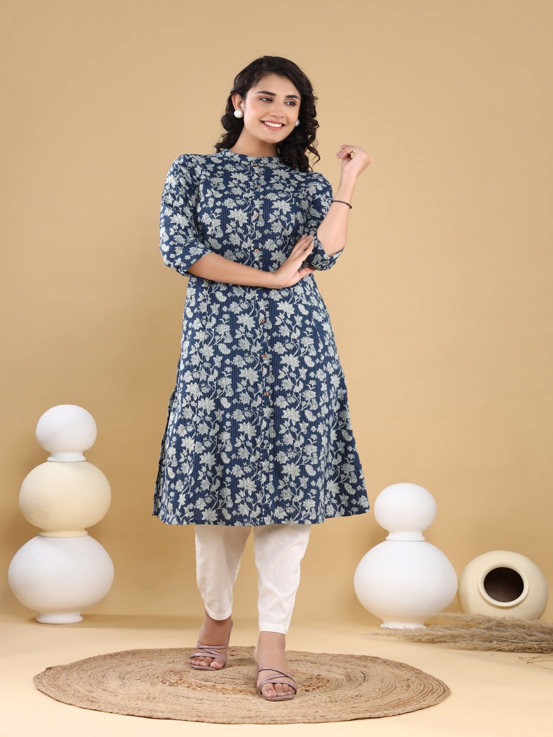 VASVI Floral Printed Mandarin Collar Kantha Work A-Line Kurta