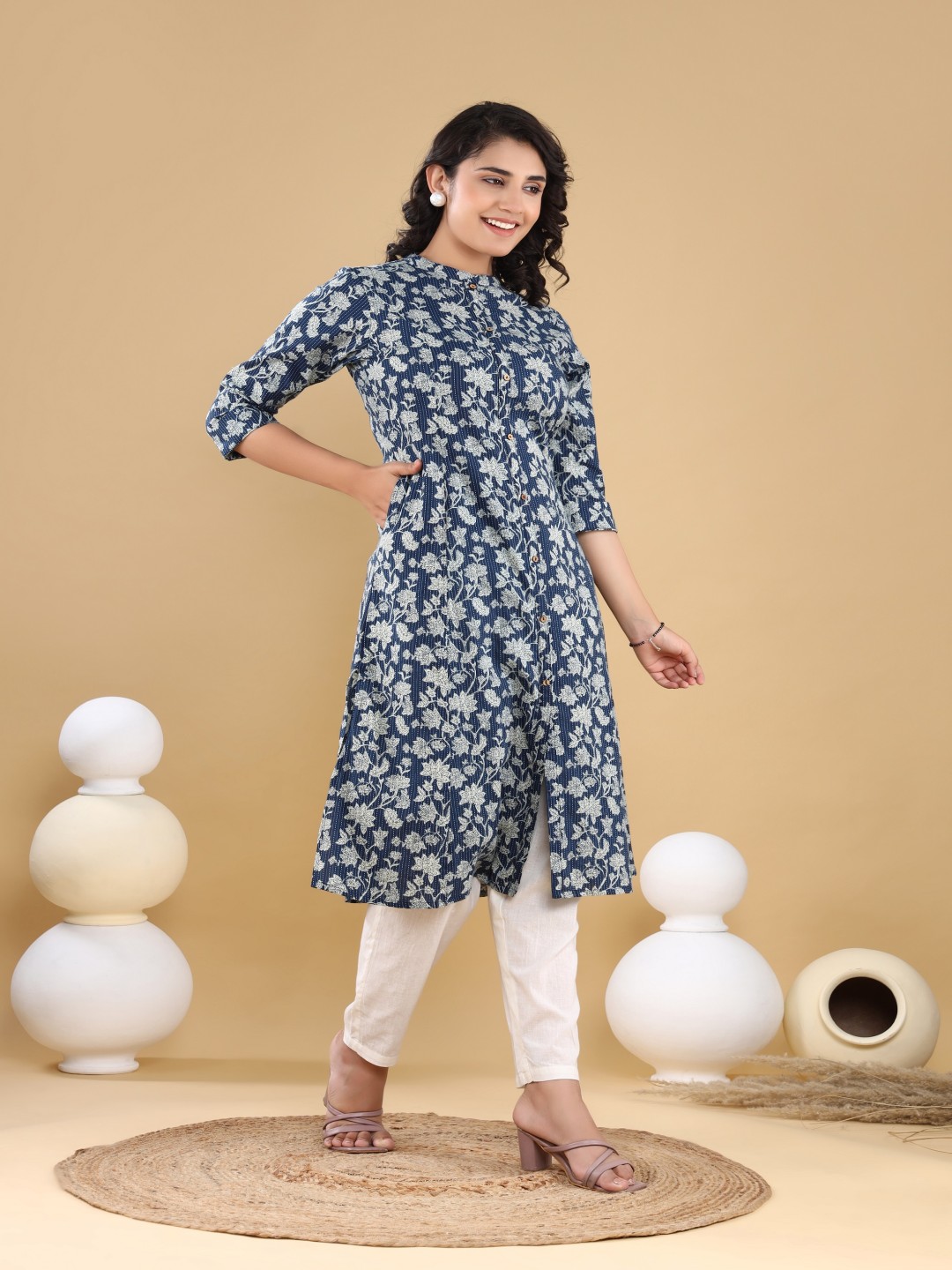 VASVI Floral Printed Mandarin Collar Kantha Work A-Line Kurta