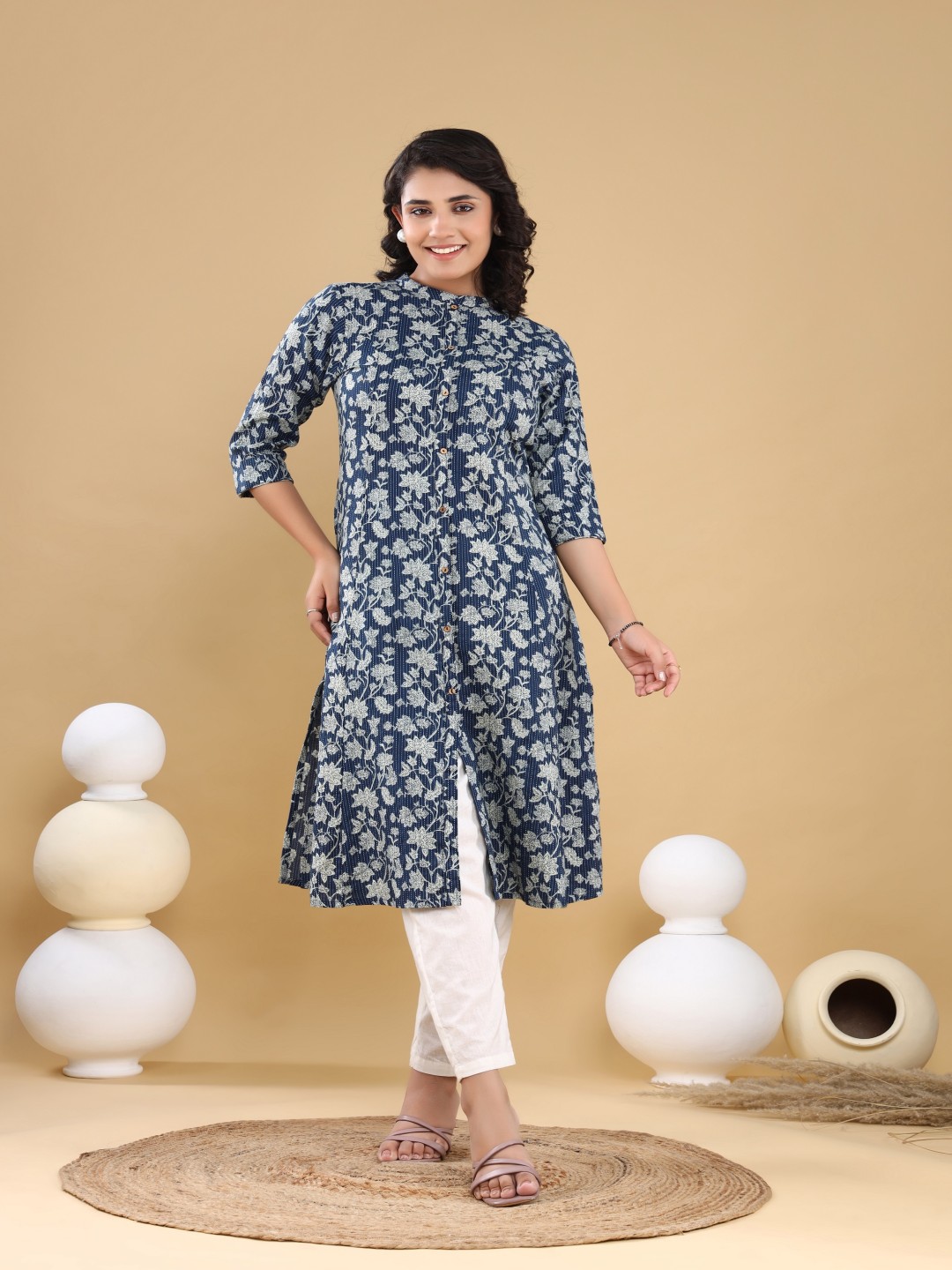 VASVI Floral Printed Mandarin Collar Kantha Work A-Line Kurta