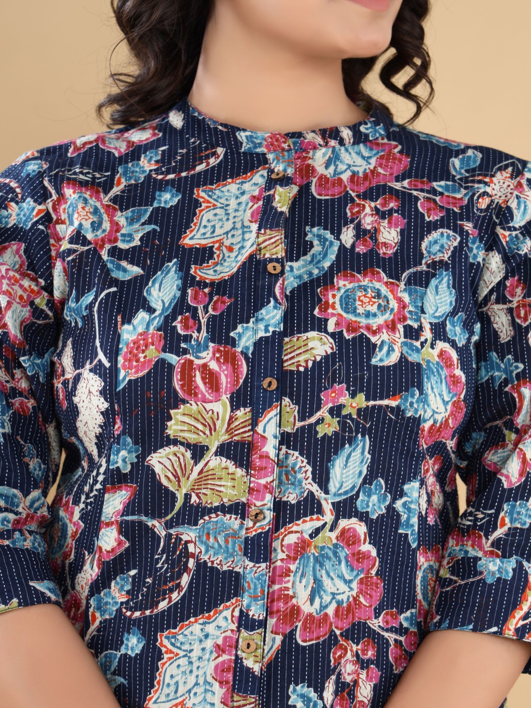 VASVI Floral Printed Mandarin Collar Kantha Work A-Line Kurta Hover