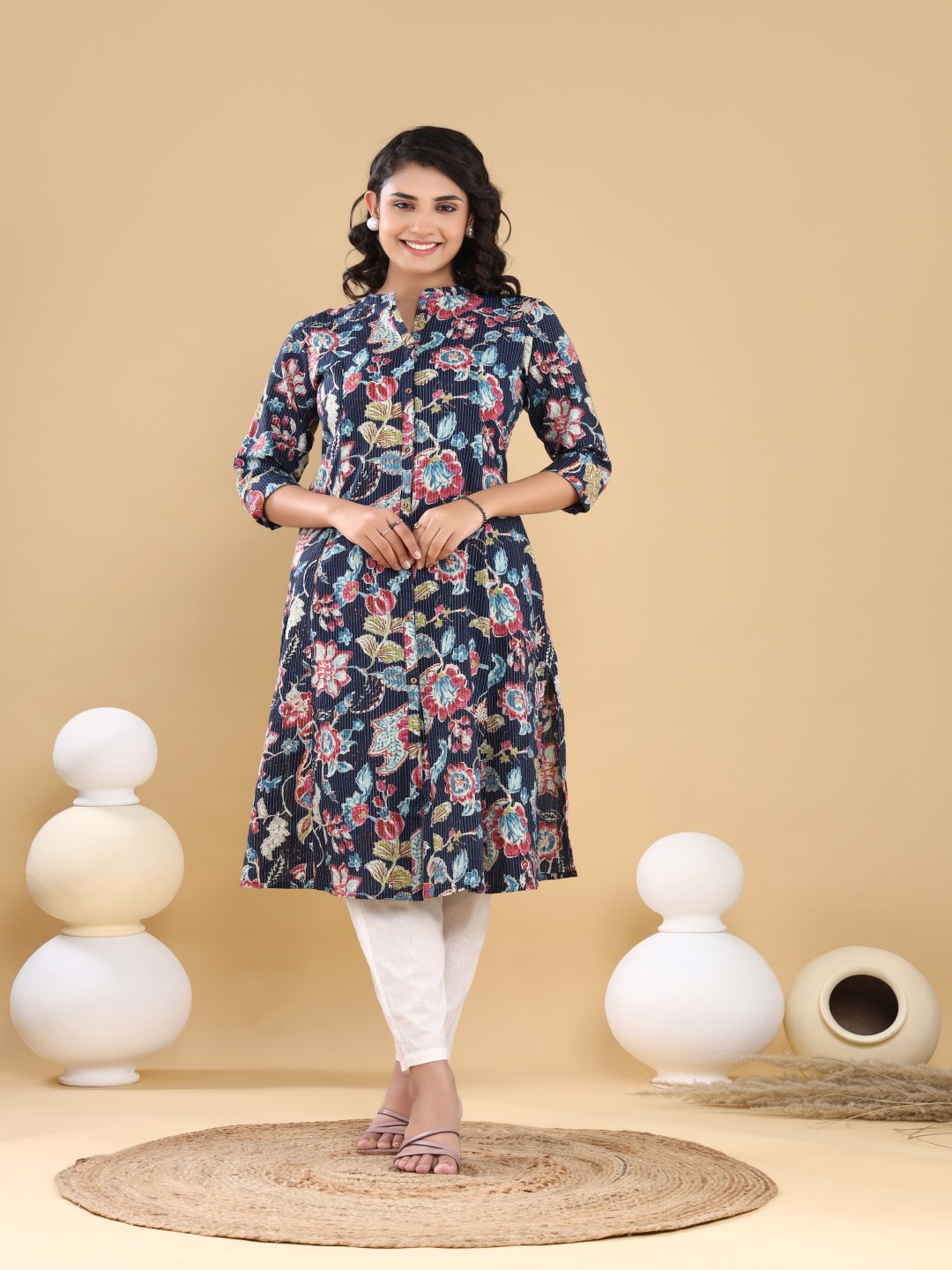 VASVI Floral Printed Mandarin Collar Kantha Work A-Line Kurta