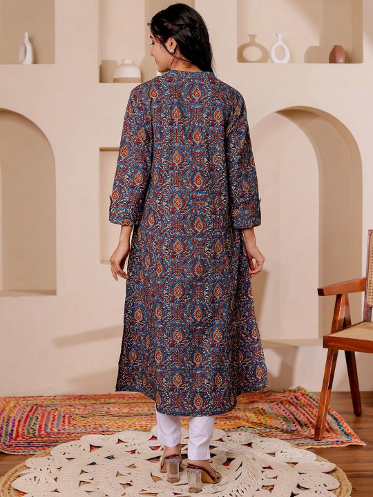 Paisely Printed Mandarin Collar Kalamkari Cotton A-Line Kurta