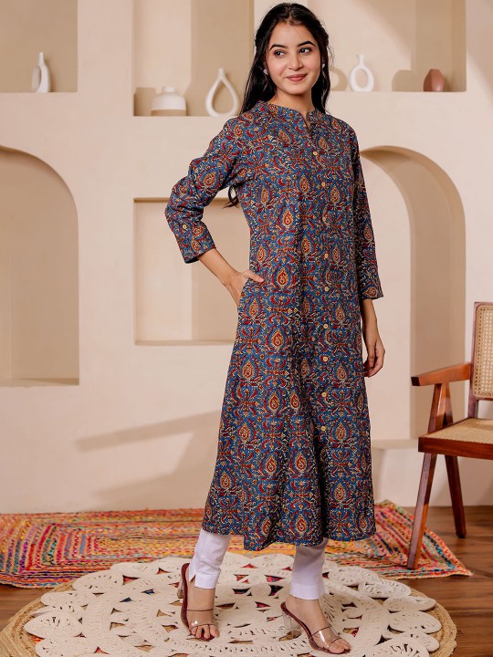 Paisely Printed Mandarin Collar Kalamkari Cotton A-Line Kurta
