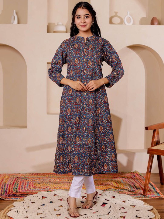 Paisely Printed Mandarin Collar Kalamkari Cotton A-Line Kurta