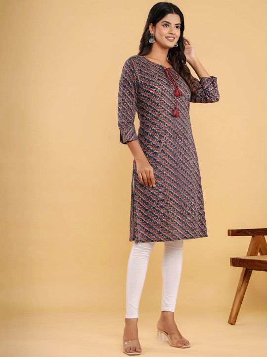 Ethnic Motifs Printed Tie-Up Neck Straight Kurta