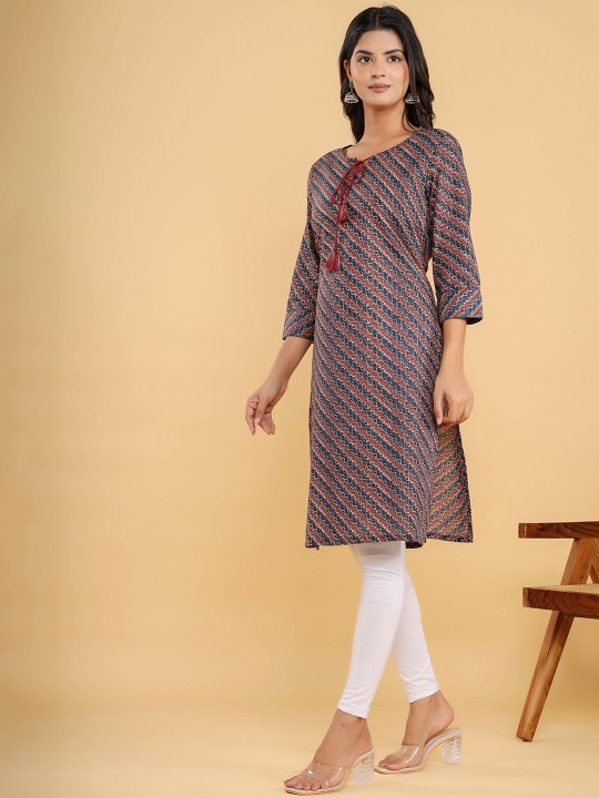 Ethnic Motifs Printed Tie-Up Neck Straight Kurta
