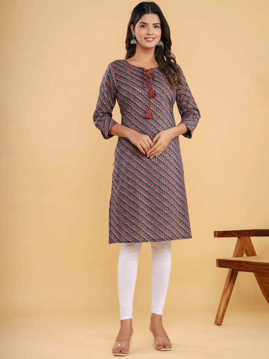 Ethnic Motifs Printed Tie-Up Neck Straight Kurta