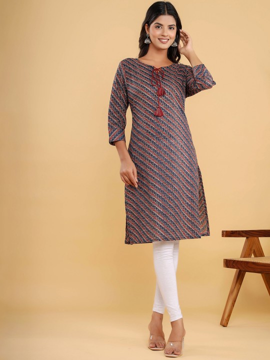 Ethnic Motifs Printed Tie-Up Neck Straight Kurta