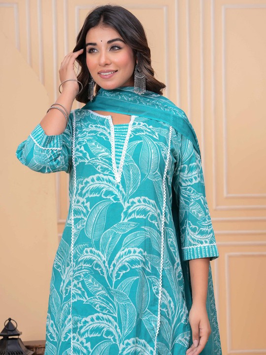 Floral Printed Regular Pure Cotton Kurta with Trousers & With Dupatta