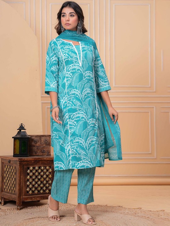 Floral Printed Regular Pure Cotton Kurta with Trousers & With Dupatta
