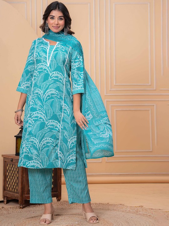 Floral Printed Regular Pure Cotton Kurta with Trousers & With Dupatta