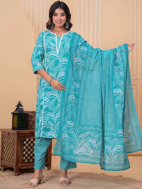 Floral Printed Regular Pure Cotton Kurta with Trousers & With Dupatta