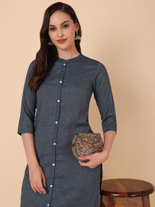 Geometric Woven Design Mandarin Collar Cotton Straight Kurta