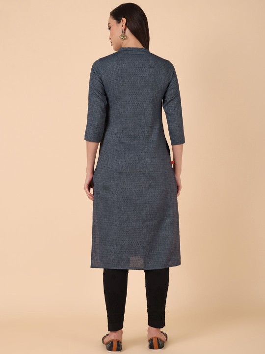 Geometric Woven Design Mandarin Collar Cotton Straight Kurta Hover