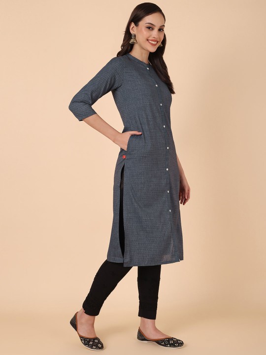 Geometric Woven Design Mandarin Collar Cotton Straight Kurta