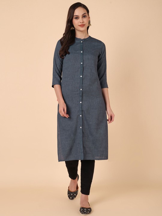 Geometric Woven Design Mandarin Collar Cotton Straight Kurta