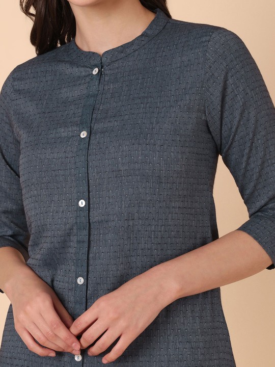 Geometric Woven Design Mandarin Collar Cotton Straight Kurta