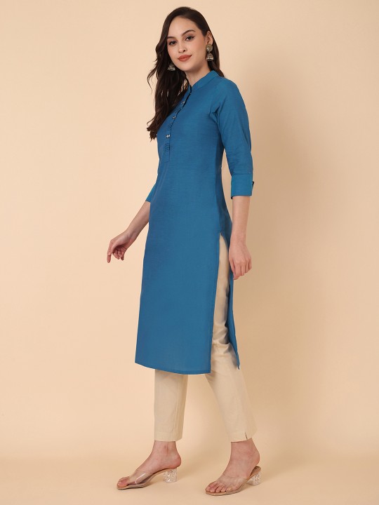 Mandarin Collar Thread Work Cotton Straight Kurta