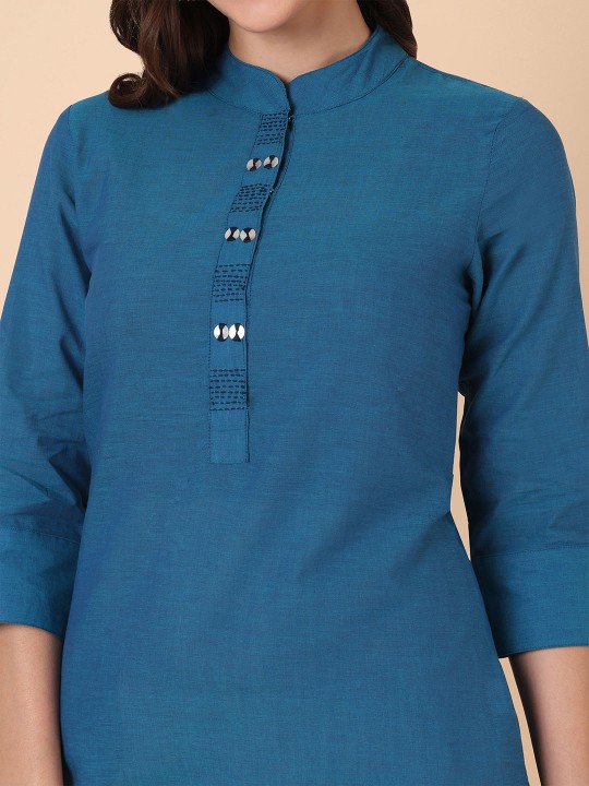 Mandarin Collar Thread Work Cotton Straight Kurta