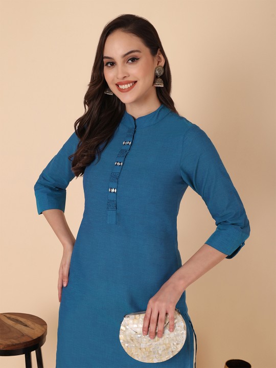 Mandarin Collar Thread Work Cotton Straight Kurta