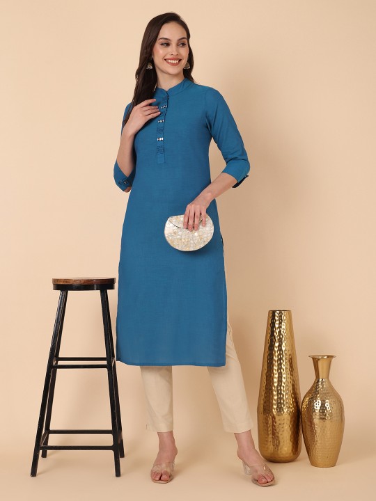 Mandarin Collar Thread Work Cotton Straight Kurta