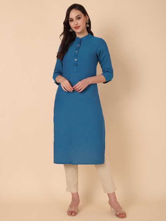 Mandarin Collar Thread Work Cotton Straight Kurta